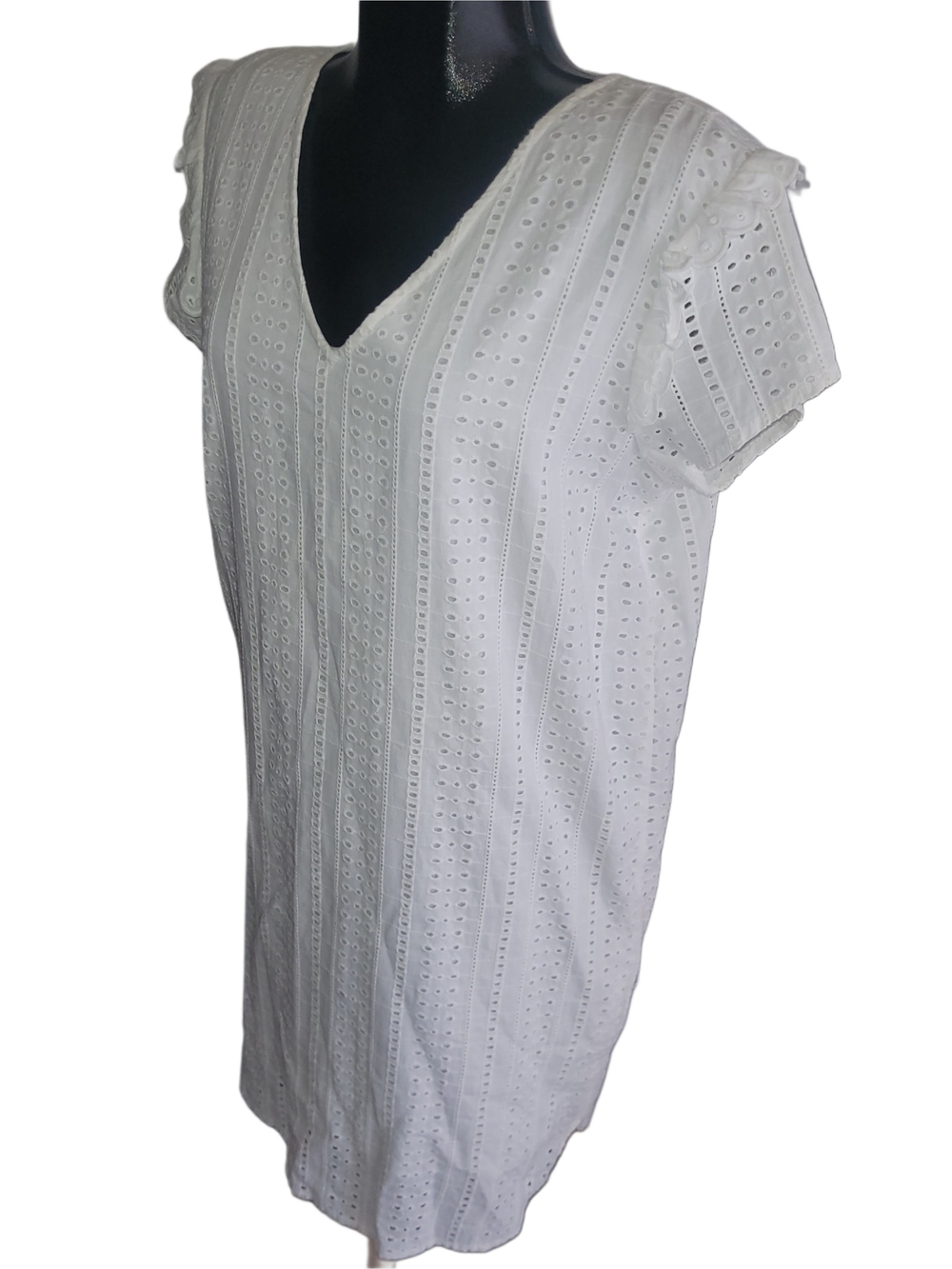 Ichi White Cotton Eyelet V-Neck Mid-length Shift Dress Size 40 - Picture 4 of 7